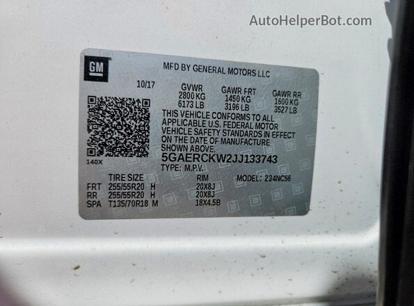 5GAERCKW2JJ133743 2018 BUICK ENCLAVE White Панорамний вид салону 360°
