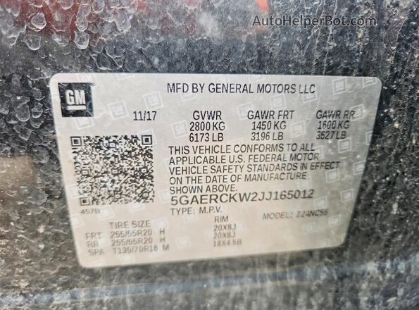 5GAERCKW2JJ165012 2018 BUICK ENCLAVE Gray Вид наклейки з VIN-кодом