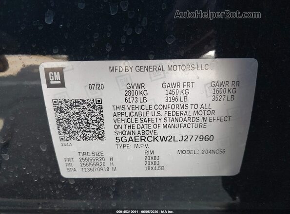 5GAERCKW2LJ277960 2020 BUICK ENCLAVE Черный Вид подкапотного пространства