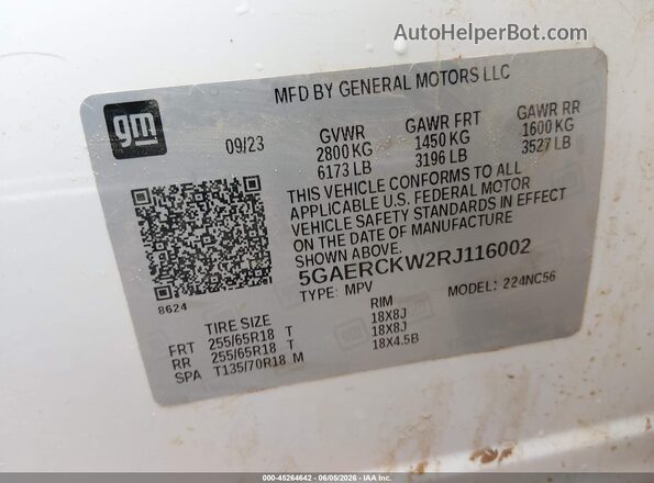 5GAERCKW2RJ116002 2024 BUICK ENCLAVE Белый Вид подкапотного пространства