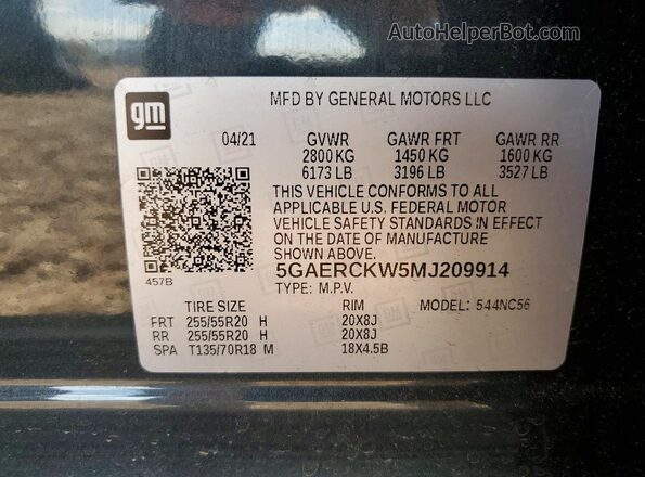 5GAERCKW5MJ209914 2021 BUICK ENCLAVE Gray Vista de la etiqueta del VIN
