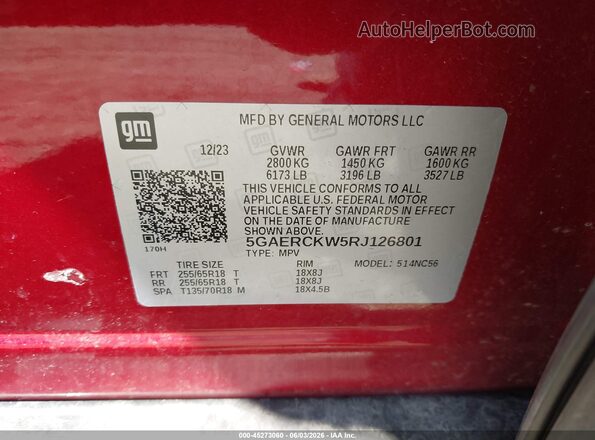 5GAERCKW5RJ126801 2024 BUICK ENCLAVE Red Widok komory silnika