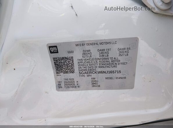 5GAERCKW6NJ165715 2022 BUICK ENCLAVE White ძრავის განყოფილების ხედი