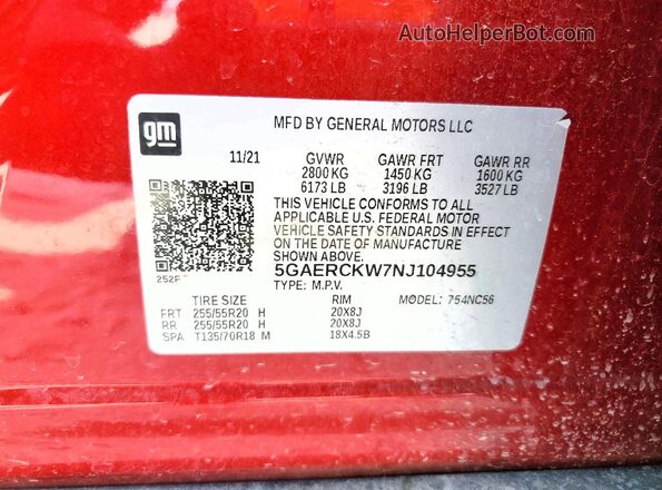 5GAERCKW7NJ104955 2022 BUICK ENCLAVE Красный Вид наклейки с VIN-кодом