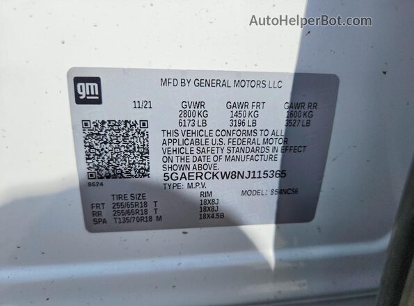 5GAERCKW8NJ115365 2022 BUICK ENCLAVE White VIN sticker view