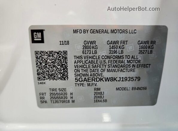 5GAERDKW8KJ193579 2019 BUICK ENCLAVE White Widok naklejki z numerem VIN