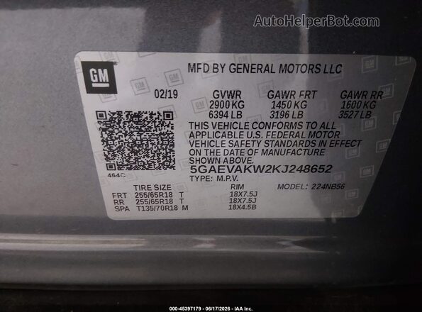 5GAEVAKW2KJ248652 2019 BUICK ENCLAVE Gray ძრავის განყოფილების ხედი