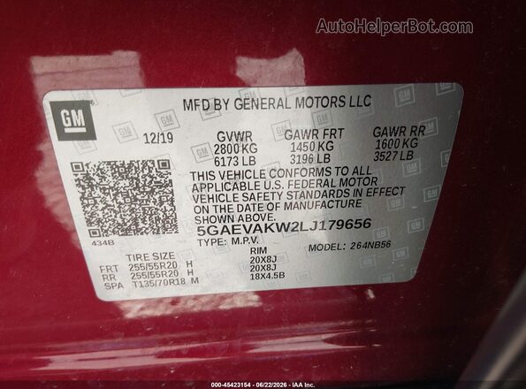 5GAEVAKW2LJ179656 2020 BUICK ENCLAVE Red Շարժիչի բաժամունքի տեսք