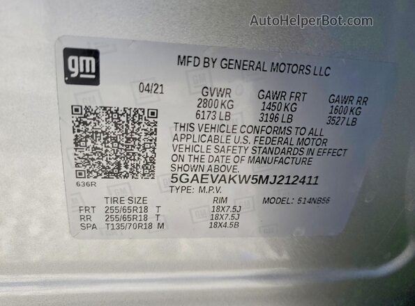 5GAEVAKW5MJ212411 2021 BUICK ENCLAVE White VIN sticker view