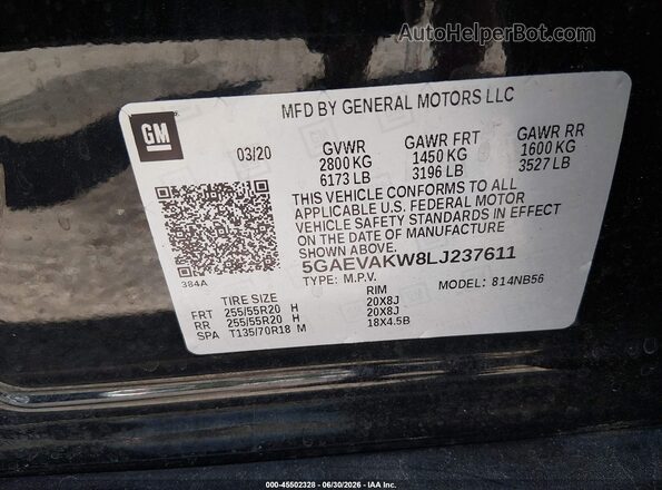 5GAEVAKW8LJ237611 2020 BUICK ENCLAVE Black Вид підкапотного простору