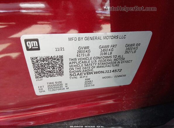 5GAEVBKW0NJ114572 2022 BUICK ENCLAVE Бордовый Вид подкапотного пространства