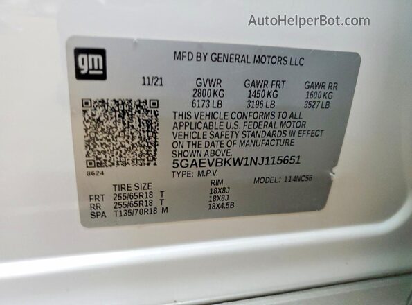 5GAEVBKW1NJ115651 2022 BUICK ENCLAVE White VIN კოდის სტიკერის ხედი