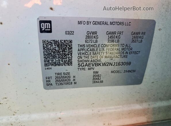 5GAEVBKW2NJ163059 2022 BUICK ENCLAVE White Vista de la etiqueta del VIN