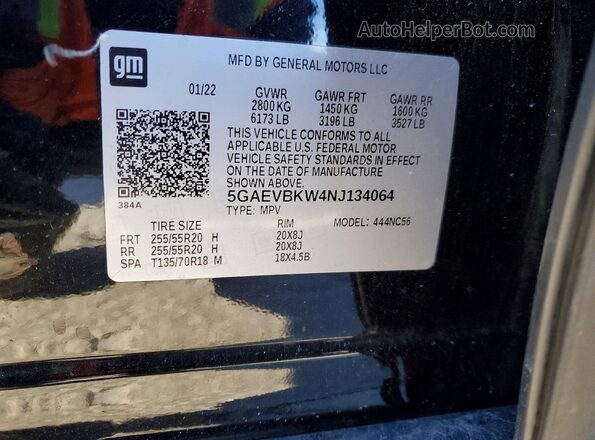 5GAEVBKW4NJ134064 2022 BUICK ENCLAVE Black Vista de la etiqueta del VIN