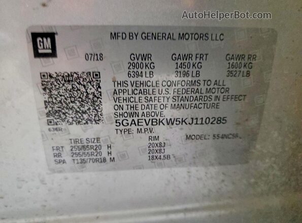 5GAEVBKW5KJ110285 2019 BUICK ENCLAVE Серебряный Вид наклейки с VIN-кодом