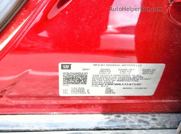 5GAEVBKW6JJ147182 2018 BUICK ENCLAVE Red VIN կոդի պիտակի տեսք
