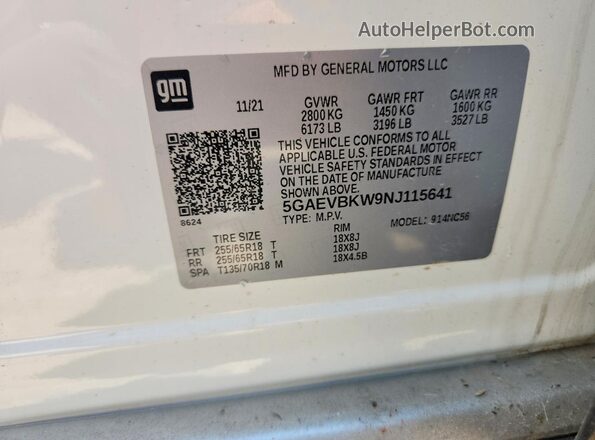 5GAEVBKW9NJ115641 2022 BUICK ENCLAVE White ძრავის განყოფილების ხედი