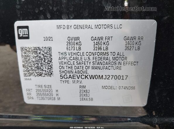 5GAEVCKW0MJ270017 2021 BUICK ENCLAVE Black Engine compartment view