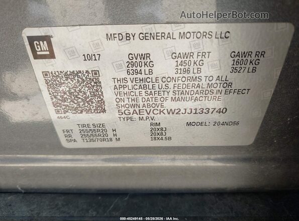 5GAEVCKW2JJ133740 2018 BUICK ENCLAVE Gray 