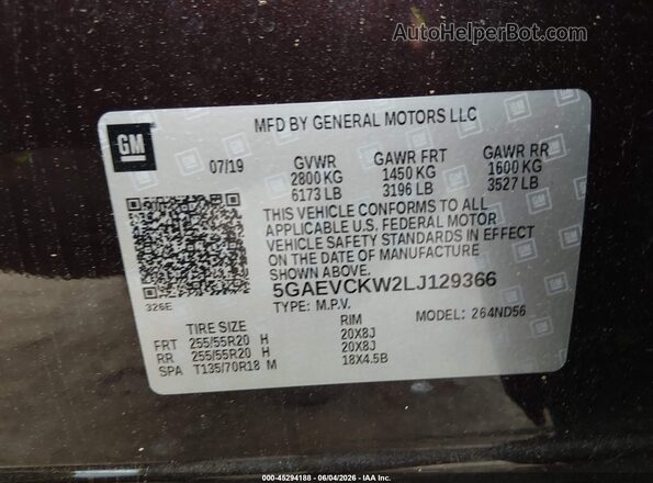 5GAEVCKW2LJ129366 2020 BUICK ENCLAVE Purple Widok komory silnika