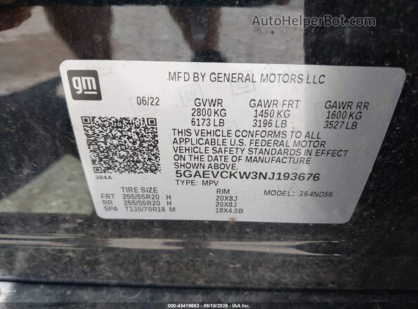 5GAEVCKW3NJ193676 2022 BUICK ENCLAVE Black Vista del compartimento del motor