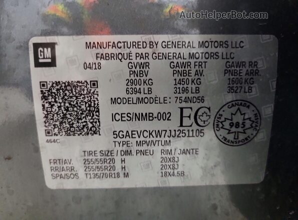 5GAEVCKW7JJ251105 2018 BUICK ENCLAVE Серый Вид наклейки с VIN-кодом