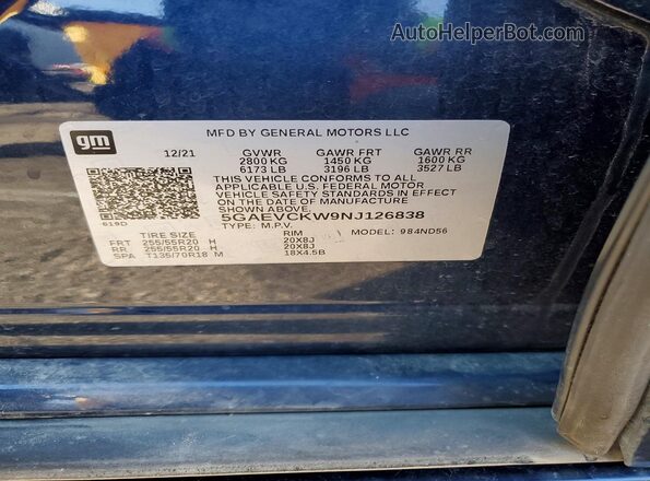 5GAEVCKW9NJ126838 2022 BUICK ENCLAVE Blue Widok komory silnika