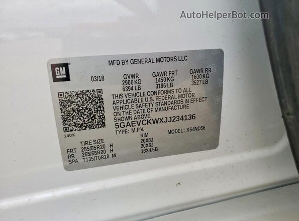 5GAEVCKWXJJ234136 2018 BUICK ENCLAVE Белый Вид наклейки с VIN-кодом