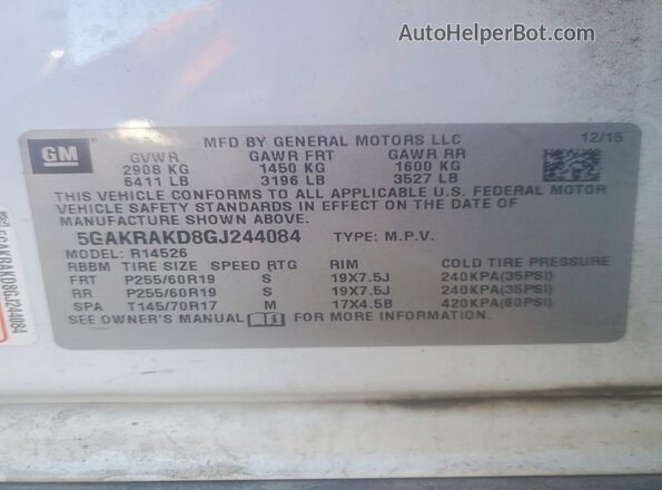 5GAKRAKD8GJ244084 2016 BUICK ENCLAVE White 