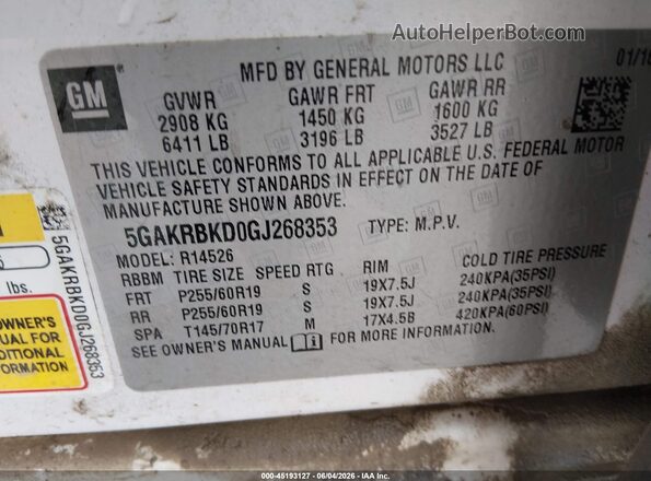 5GAKRBKD0GJ268353 2016 BUICK ENCLAVE White ძრავის განყოფილების ხედი