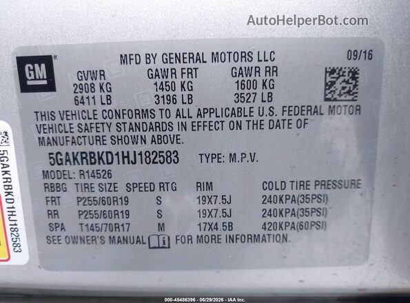 5GAKRBKD1HJ182583 2017 BUICK ENCLAVE Серебряный Вид подкапотного пространства