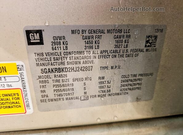 5GAKRBKD2HJ242807 2017 BUICK ENCLAVE Cream VIN կոդի պիտակի տեսք