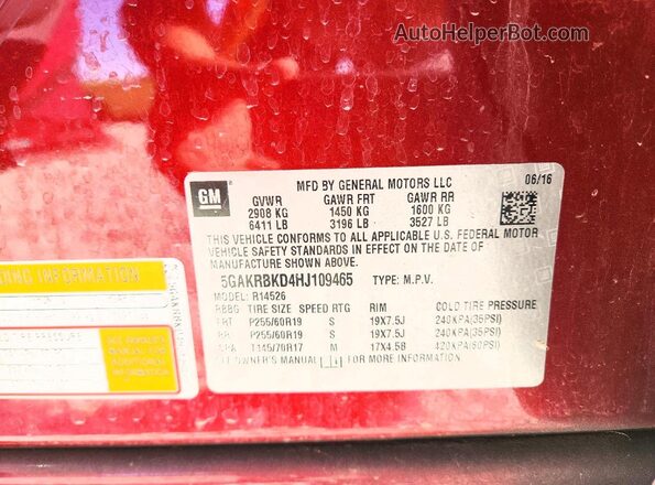 5GAKRBKD4HJ109465 2017 BUICK ENCLAVE Burgundy VIN կոդի պիտակի տեսք