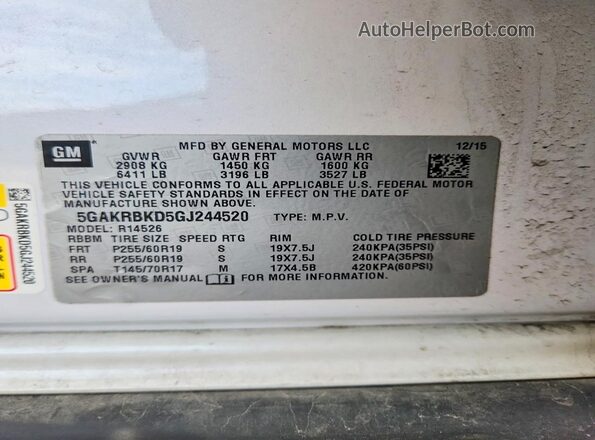 5GAKRBKD5GJ244520 2016 BUICK ENCLAVE White Widok naklejki z numerem VIN