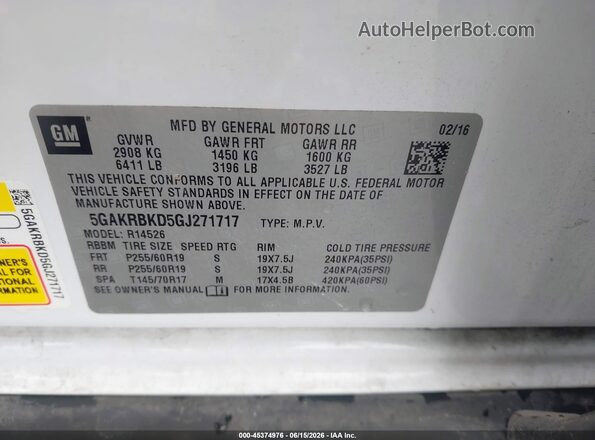 5GAKRBKD5GJ271717 2016 BUICK ENCLAVE Белый Вид подкапотного пространства