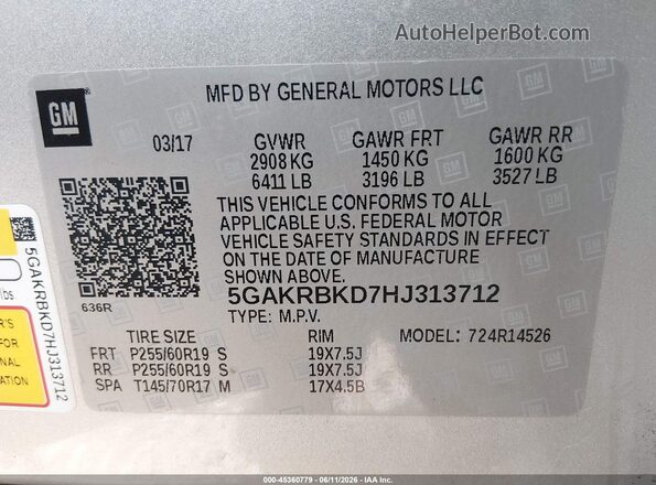 5GAKRBKD7HJ313712 2017 BUICK ENCLAVE Silver Engine compartment view