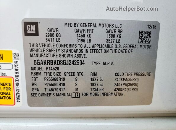 5GAKRBKD8GJ242504 2016 BUICK ENCLAVE White Widok naklejki z numerem VIN
