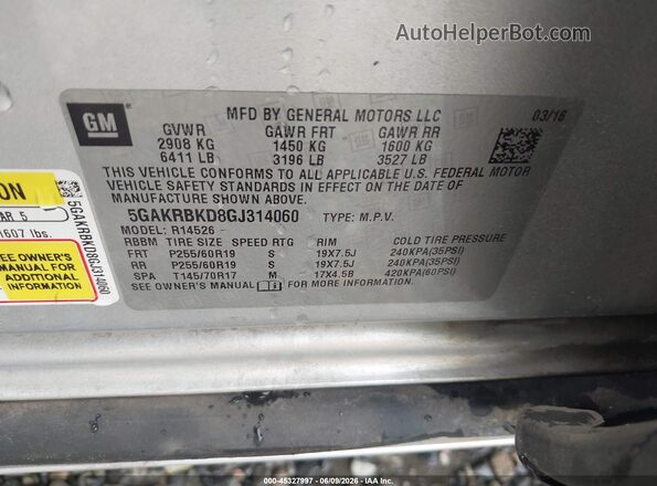 5GAKRBKD8GJ314060 2016 BUICK ENCLAVE Silver 