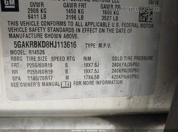5GAKRBKD8HJ113616 2017 BUICK ENCLAVE Champagne ძრავის განყოფილების ხედი