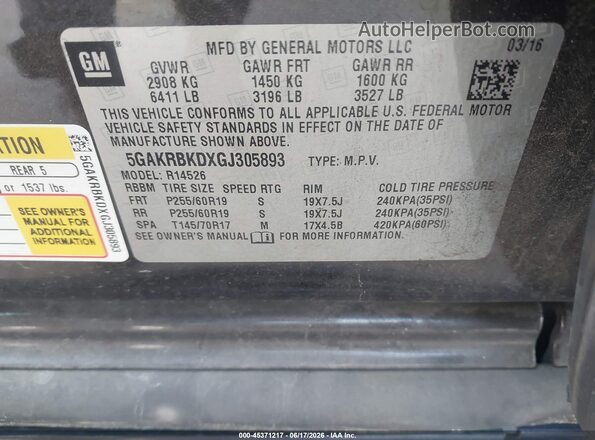 5GAKRBKDXGJ305893 2016 BUICK ENCLAVE Gray Вид підкапотного простору