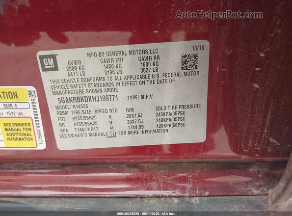 5GAKRBKDXHJ199771 2017 BUICK ENCLAVE Burgundy Engine compartment view