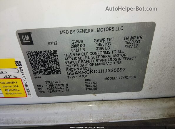 5GAKRCKD1HJ325697 2017 BUICK ENCLAVE White Engine compartment view