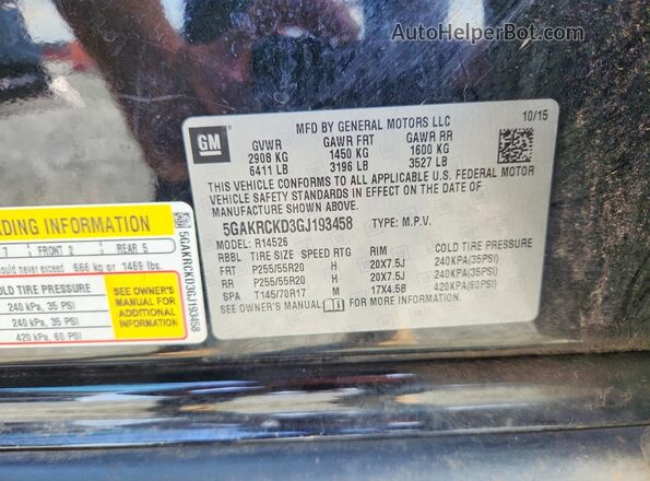 5GAKRCKD3GJ193458 2016 BUICK ENCLAVE Black VIN sticker view