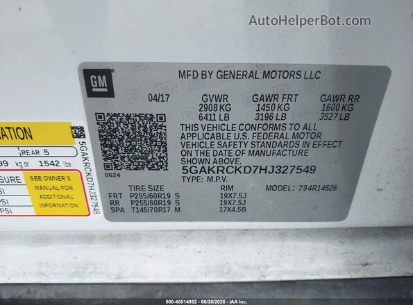 5GAKRCKD7HJ327549 2017 BUICK ENCLAVE White Engine compartment view