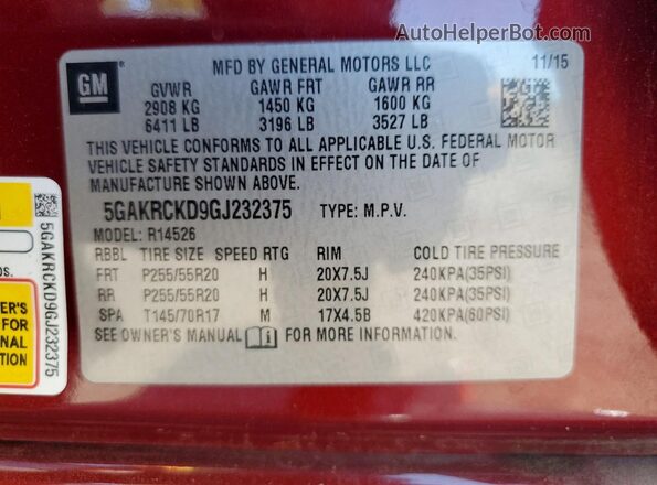 5GAKRCKD9GJ232375 2016 BUICK ENCLAVE Бордовый Вид наклейки с VIN-кодом