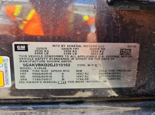 5GAKVBKD2GJ310162 2016 BUICK ENCLAVE Gray VIN კოდის სტიკერის ხედი