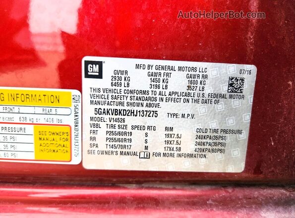 5GAKVBKD2HJ137275 2017 BUICK ENCLAVE Burgundy VIN sticker view