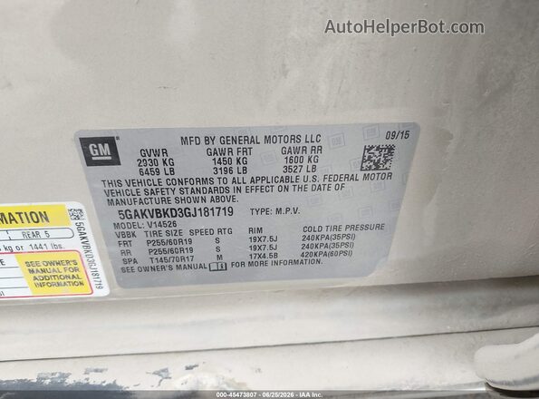 5GAKVBKD3GJ181719 2016 BUICK ENCLAVE Tan Widok komory silnika