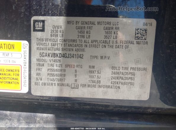5GAKVBKD4GJ341042 2016 BUICK ENCLAVE Blue ძრავის განყოფილების ხედი