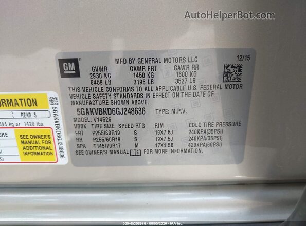 5GAKVBKD6GJ248636 2016 BUICK ENCLAVE Beige Engine compartment view